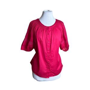 Talbots Pink Medium Petite Pink Button Up Balloon‎ Sleeve Blouse Shirt Top